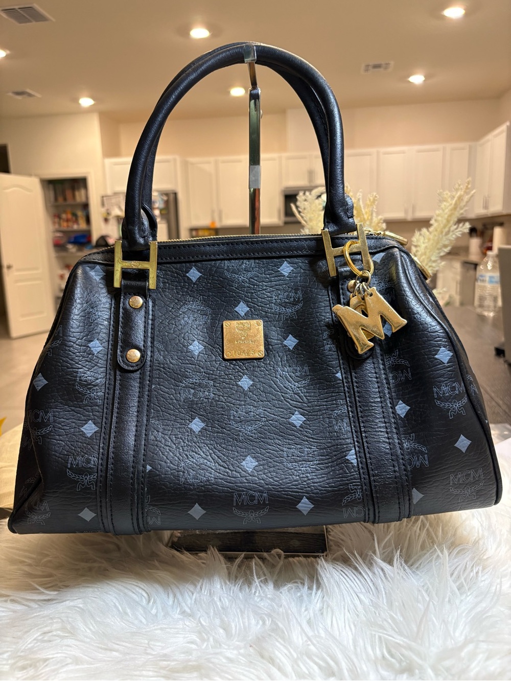 MCM Black Visetos Satchel with Gold M Charm